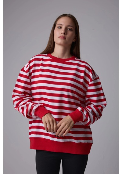 Defys Kadın Çizgili Oversıze Sweat Kırmızı-beyaz - 608041455 Kırmızı-beyaz