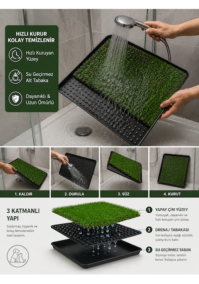 Pro Akıllı Çim Tuvaleti Köpek Kedi İçin 3 Katmanlı Yıkanabilir Hazneli 80x60 Büyük Boy