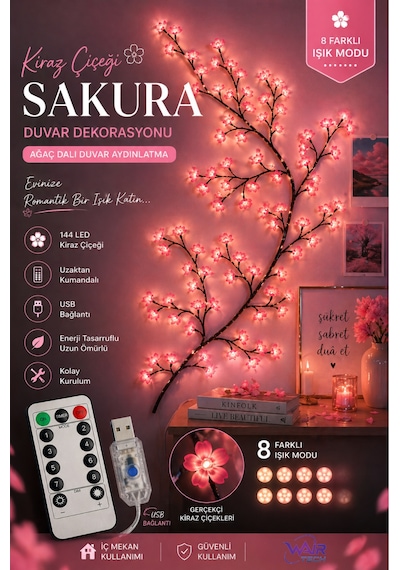 Kiraz Çiçeği Sakura Led Duvar Dekoru 144 Led Ağaç Dalı Işık, 8 Mod, Kumandalı Pembe