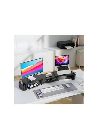 Siyah Çift Monitör Yükseltici Stand Çekmeceli Masaüstü Organizer 9216