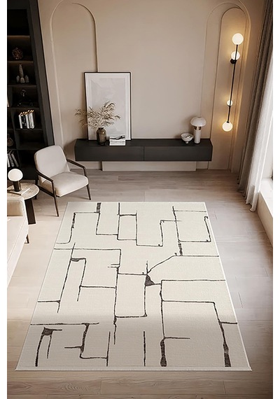 Look Black Lb004w Krem Halı Siyah Dekoratif Çizgili Modern Desen Akrilik Yumuşak Tozuaz Salon Halısı-894 Krem