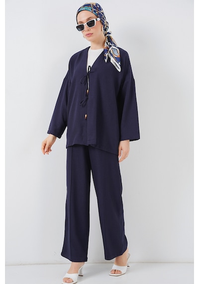 Bigdart Kadın Keten Kimono İkili Takım 6727 - Lacivert