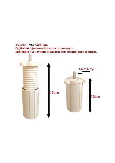 Vida Ölçüsüne Dikkat - Orta Mobilya Koltuk Kanepe Baza Destek Ayağı Tek Adet Beyaz 10 Cm 5/16 Vida Beyaz