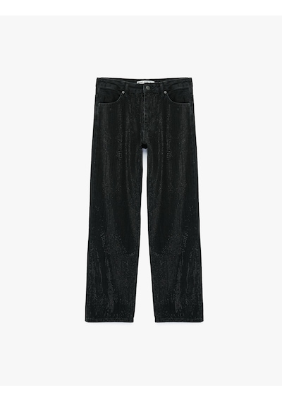 Koton Taş Detaylı Düğmeli Yüksek Bel Düz Paça Denim Pantolon - Straight Fit Jean Siyah 7wal40124md Koton Taş Detaylı Düğmeli Yüksek Bel Düz Paça Denim Pantolon - Straight Fit Jean Siyah 7wal40124md