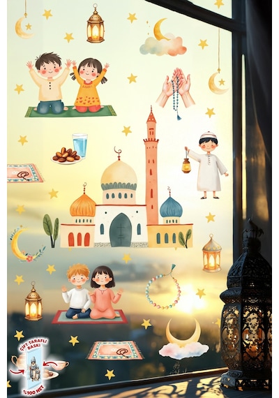 Çift Taraflı Ramazan Ayı Cam Sticker Seti Çocuklar İçin Eğitici Ramazan Pencere Süsü Ve 74 Parça Dijital Baskı