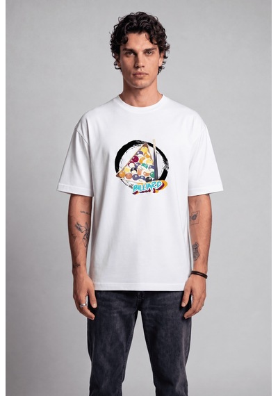 Black Nova Oversize Baskılı Unisex %100 Pamuk T-shirt Zen Billiard Beyaz
