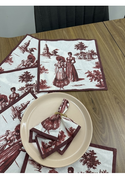 Toile De Jouy Paris Amerikan Servis 6 Lı Set 30x30 Cm %100 Pamuk Dijital Baskılı Klasik Fransız Tarzı Masa Dekoru - Zt720 Kırmızı