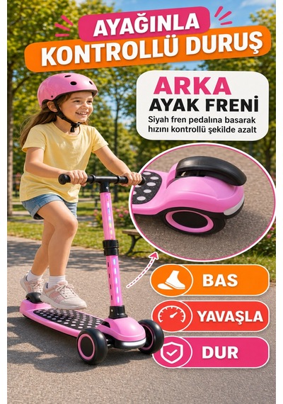 Pembe Speedx Wx-817 Rgb Işıklı Müzikli Çocuk Scooter Ayarlanabilir Alüminyum T-bar Tekerlekli Frenli