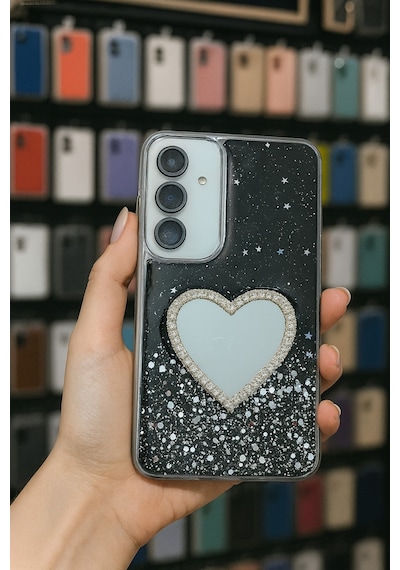 Samsung Uyumlu Galaxy S24 Plus Kılıf Kamera Çıkıntılı Simli Kalpli Aynalı İnce Premium Kalite Kapak