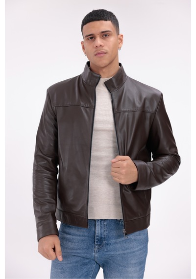 M M Marki Marki Hakiki Deri Erkek Ceket Kahverengi Dik Yaka Fermuarlı Punto Dikişli 68 Cm Regular Fit - 504922