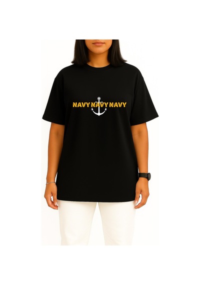 Bahriyeli Collection Oversize Chest Trio Navy Anchor Göğüs Ve Sırt Baskılı Unisex T-shirt Siyah