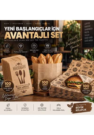 Avantajlı Kafe Restoran Sarf Malzeme Seti Kese Kağıdı, Yağlı Tepsi Kağıdı, Çatal Bıçak Kılıfı 300 Parça