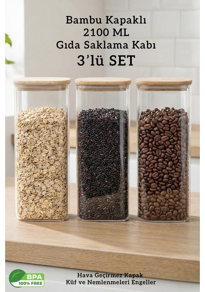 Bambu Kapaklı 2100 Ml Kare Saklama Kabı 3 Lü Set Büyük Boy Hava Geçirmez Bakliyat Kabı Şeffaf
