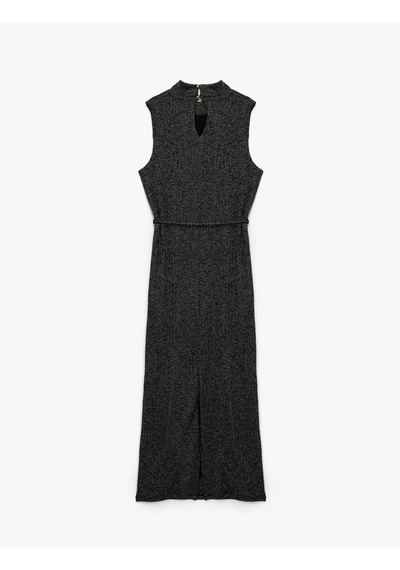 Koton Slim Fit Parıltılı Kemerli Kolsuz Dik Yaka Midi Boy Kalem Elbise Siyah 6wak80018uk