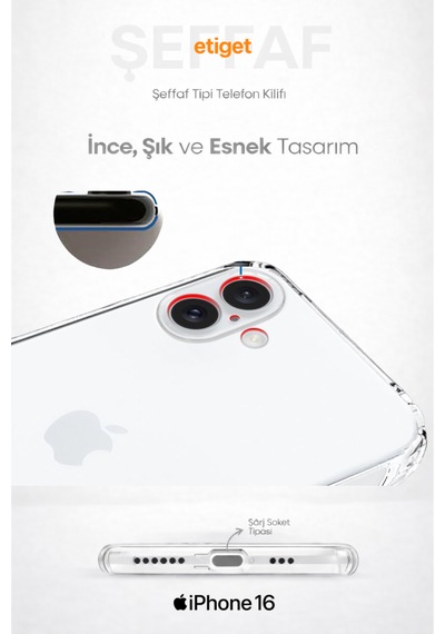 Apple Uyumlu iPhone 16 Şeffaf Silikon Kılıf Şarj Yeri Tıpalı, Kaymaz Kenarlı Şeffaf