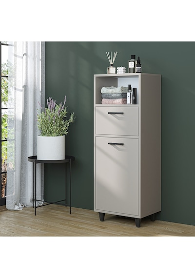 Çamaşır Sepetli Banyo Dolabı, Çok Amaçlı Çekmeceli Dolap 45 Cm Kumtaşı