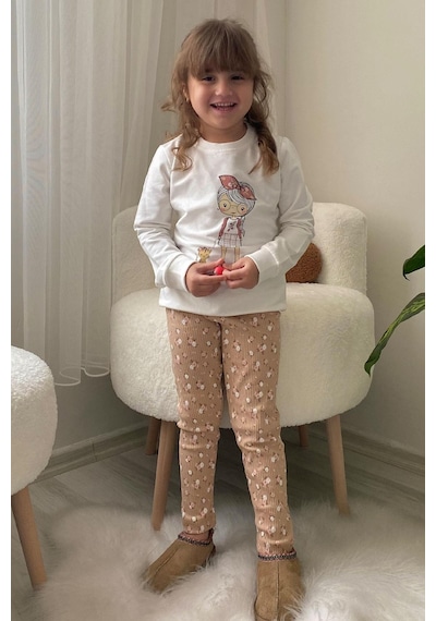 Breeze Kız Çocuk Taytlı Takım Sevimli Kız Baskılı Çiçekli 2-6 Yaş, Ekru Ekru