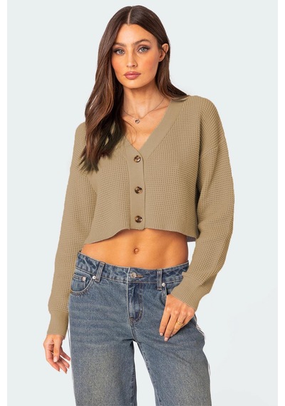 Madmext Vizon Uzun Kollu Düğmeli Crop Hırka Mg2198 VIZON