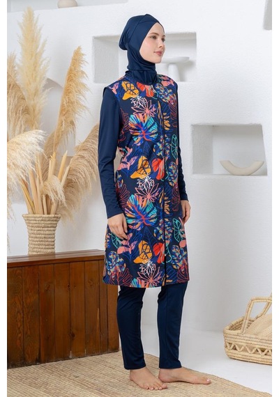 Rozamay 263303 Seneca Jileli Lycra Uzun Kollu Lacivert Dijital Desen Tesettür Mayo