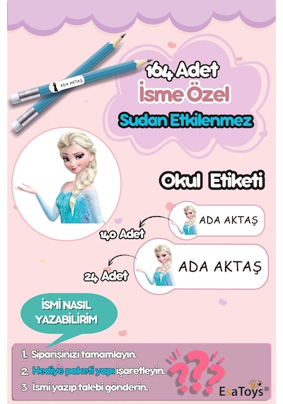 Elsa Temalı Özel İsminiz Yazılı Okul Etiketi Diğer
