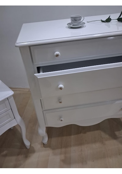 Şifonyer 2 Adet Komodin 90668 Model Aslan Ayak Kayın Parlak Beyaz Porselen Kulp