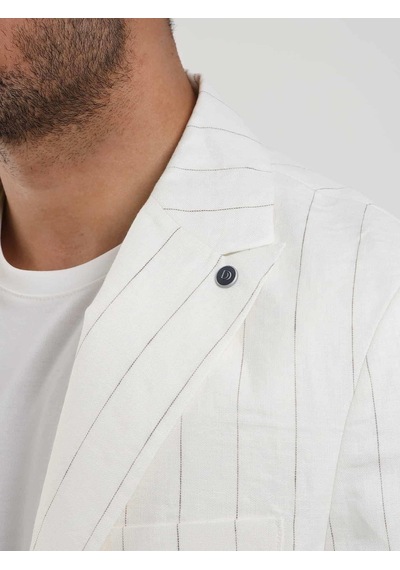 Dufy Ekru Erkek Regular Fit Çizgili Sivri Yaka Keten Ceket - 104438-ekru Ekru