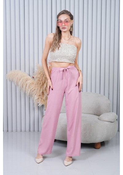 Polologin Butik Beli Bağcıklı Yüksek Bel Bol Paça Pudra Pantolon Pembe