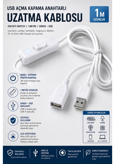 1 Metre Usb Açma Kapama Anahtarlı Uzatma Kablosu Beyaz 1m Dişi Erkek On Off Switch Led Şerit Lamba Vantilatör Soğutucu Güç Kablosu Kesici Adaptör Bağlantı Aparatı Telefon Pc Bilgisayar Uyumlu