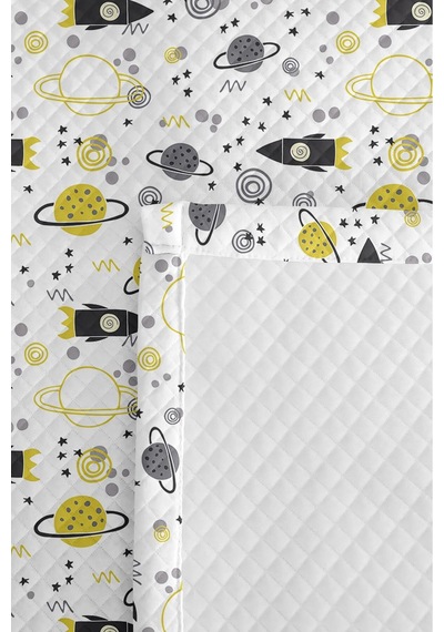 Evimde Bambaşka Uzay Roket Sarı Erkek Çocuk Pike Takımı - Gri Geometrik Bebek Odası Yazlık Yatak Örtüsü - 160x220  CM