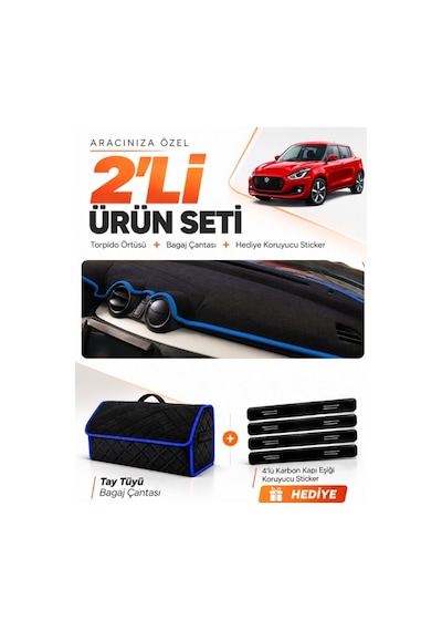 Suzukı Swift 2017-2020 Uyumlu Torpido Örtüsü + Tay Tüyü Bagaj Çantası + Sticker Seti - Siyah Mavi