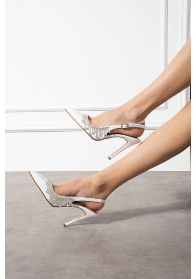 Elvı Işıltılı Taş Detaylı Beyaz İnce Topuklu Slingback Ayakkabı 11 Cm Beyaz