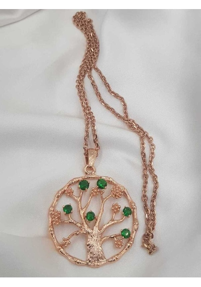 Vog Çelik Xuping Yeşil Zirkon Taşlı Rose Renk Hayat Ağacı Sevgiliye,anneye,arkadaşa Hediye Kolye Rose Gold