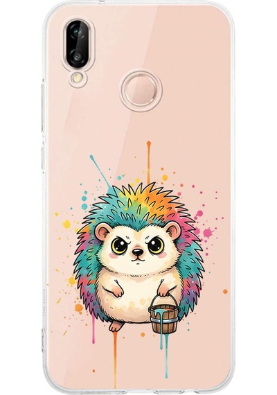 Huawei P20 Lite İle Uyumlu Splash Kirpi Tasarımlı Şeffaf Silikon Kılıf Şeffaf