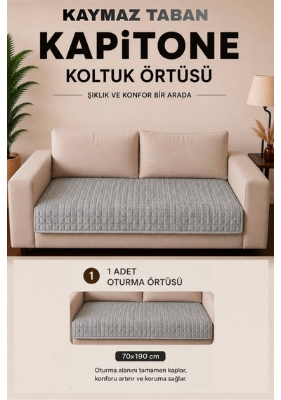 Kare Desenli Tek Parça Kaymaz Taban Kapitone Koltuk Örtüsü Çekyat Kanepe Örtüsü 70x190 Gri Gri