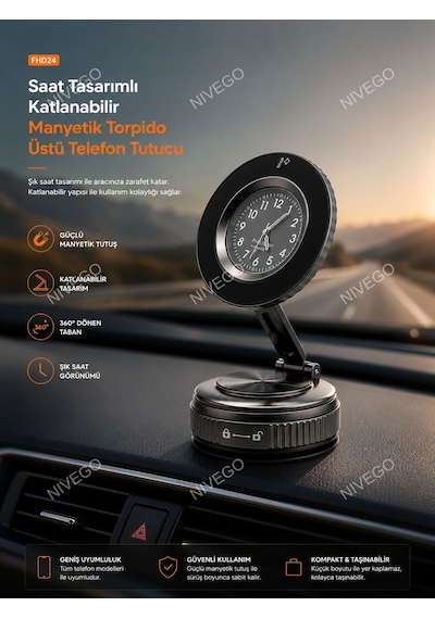 Nvg Saat Tasarımlı Katlanabilir Manyetik Torpido Üstü Telefon Tutucu 360 Dönebilen Araç İçi Telefon Standı Siyah