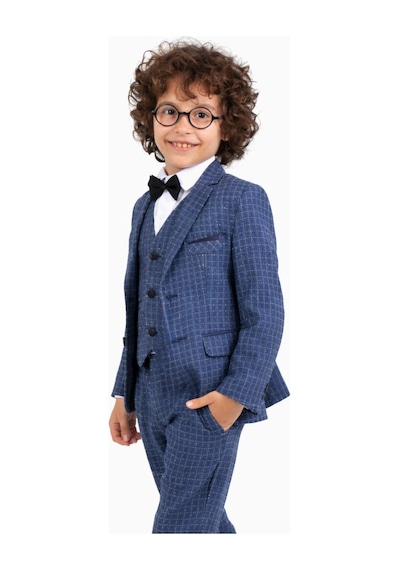 Ahengim Erkek Çocuk Slim Fit Dokulu Çizgili Klasik Takım Elbise Ak197-198 Mavi