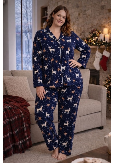 Nisanca Kışlık Yılbaşı Desenli Kadın Gömlek Polar Pijama Takımı- Geyikli Yılbaşı Pijaması- Büyük Beden Pijama Lacivert Nisanca Kışlık Yılbaşı Desenli Kadın Gömlek Polar Pijama Takımı- Geyikli Yılbaşı Pijaması- Büyük Beden Pijama Lacivert