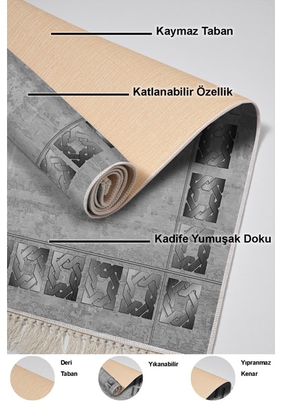 Dekoreko Kaymaz Taban Djt Salon Halısı Yıldız Deri Saçaklı Modern 691m gri