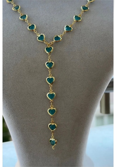 Kadın Gold Renk Zirkon Taşlı Özel Tasarım Y Model Kolye Mavi
