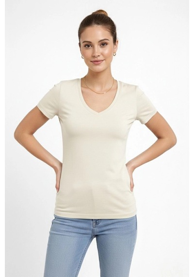 Wear Vexel Kadın T-shirt V Yaka Slim Fit Likralı Tişört Yazlık Basic Body - Taş Taş