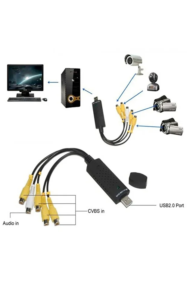 Easycap Capture Kamera Uydu Tv Den Pc Kayıt Kartı 4 Kanal Ses Dönüştürücü Kayıt Kablosu Usb Dvr 4ch Çevirici Dönüştürücü