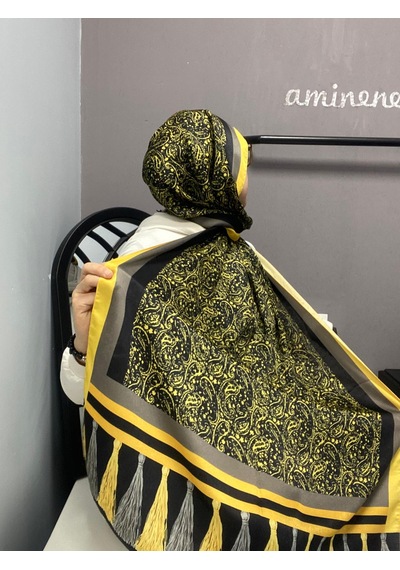 Aminenesil Cardion Premium Etnik Desen Şal Sarı Siyah Renk