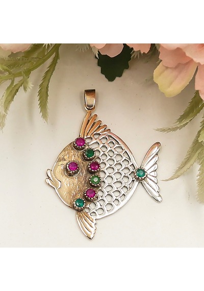 Kırmızı Yeşil Taşlı Otantik Balık Kolye Rose - Gold -  Gümüş