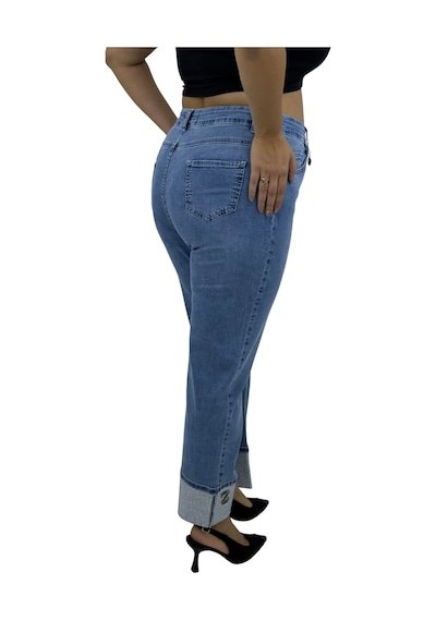Büyük Beden Denim Yüksek Bel Toparlayıcı Paça Taş Detaylı Bol Paça Kadın Pantolon Mavi
