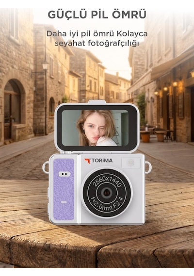 Torima CMR46 Mini Dijital Kamera 2K Flip Ekranlı Selfie Video Vlog Kamerası Mor