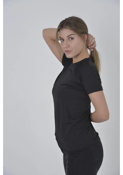 Kadın Omuz Fileli T-shirt Kısa Kol Bisiklet Yaka Slimfit Tişört - Siyah Siyah