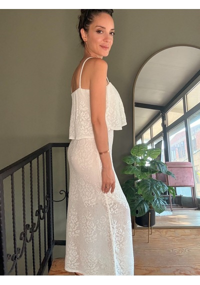 Ali Butik Ekru Dantel Detaylı Askılı Elbise