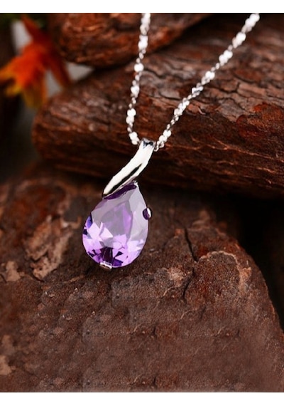 Brezza Lusso Jewelry Gümüş Mor Taşlı Su Damlası Kadın Kolye 45 CM