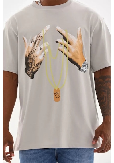 Yake Store Unisex Baskılı Oversize T-shirt - Gri - Gri Beyaz
