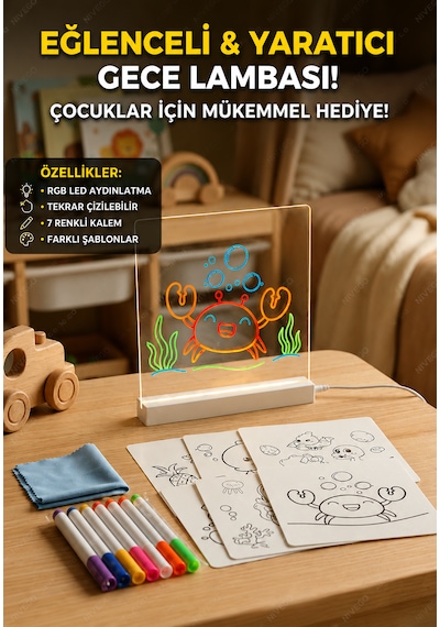Nvg 12 İnç Led Işıklı Çizim Tahtası 20x30 Cm Usb Beslemeli Yazı Panosu Ayarlanabilir Stant 7 Renk Kalem Hediyeli Eğitici Oyuncak Şeffaf